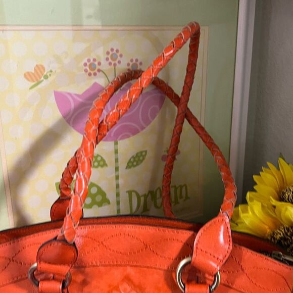NWOT Patricia Nash “Broncos” Leather Zorita Tool Vibrant Orange Embossed Satchel - Picture 7 of 15